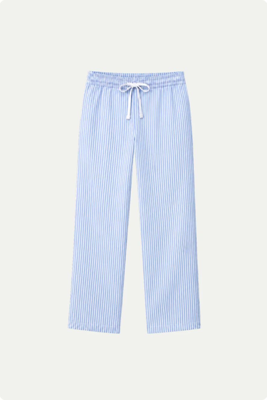 Pantalón de lino azul y blanco